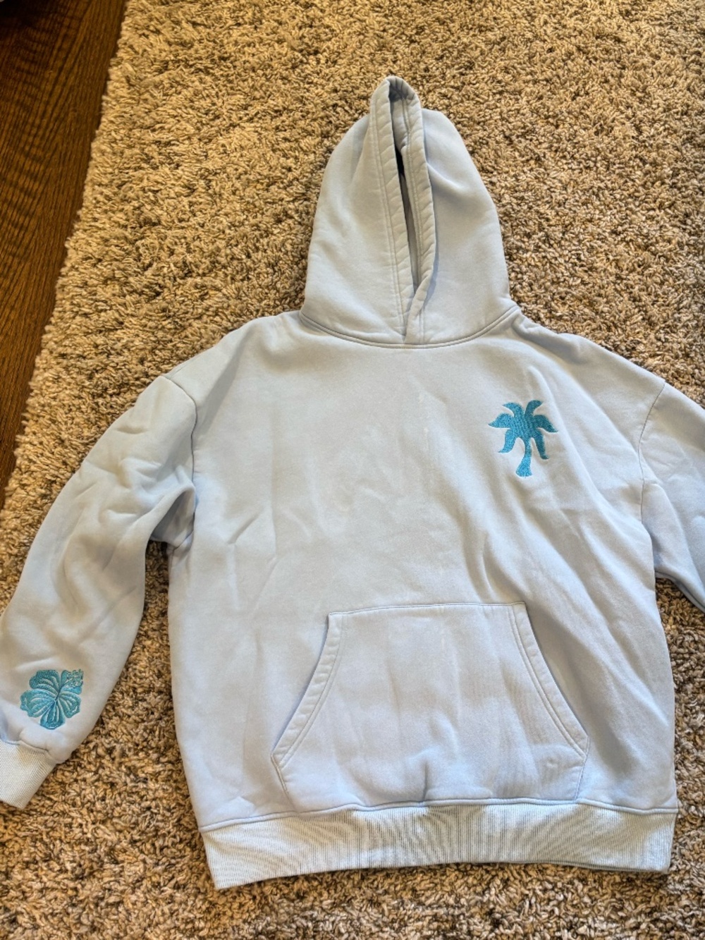 🤍🩵 Pink Palm Puff "Everything Comes in Waves” Hoodie in Blue🩵🤍